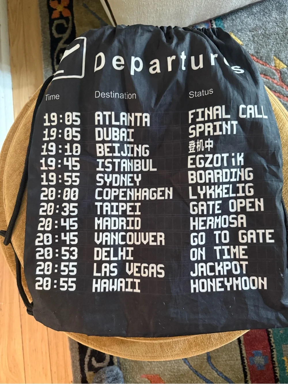 Arrivals and Departures Black Travel Print Drawstring Backpack